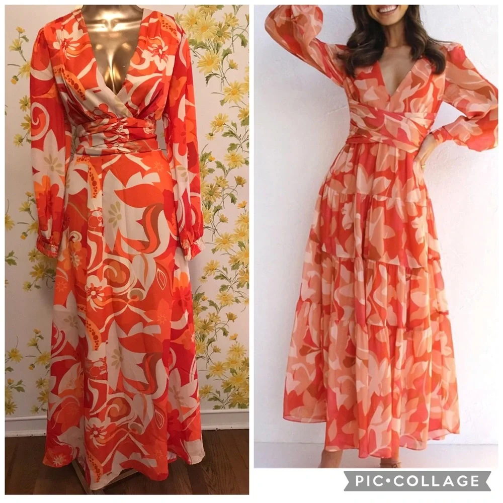 Long sleeve low V neck maxi dress size M - Picture 2 of 11